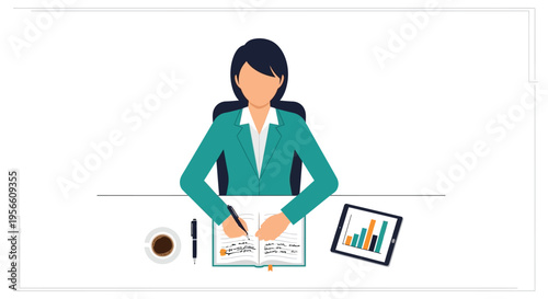 A businesswoman works at a desk reviewing data and taking notes presented as a striking silhouette high quality professional detailed modern