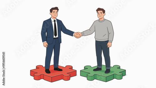 Two men shaking hands on puzzle pieces