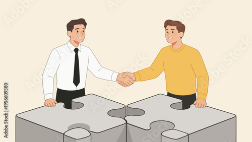 Two men shaking hands over puzzle pieces