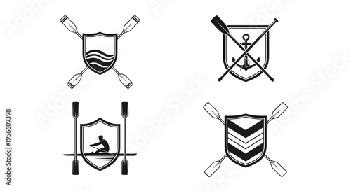 Illustrations of rowing emblems with shields and oars on white