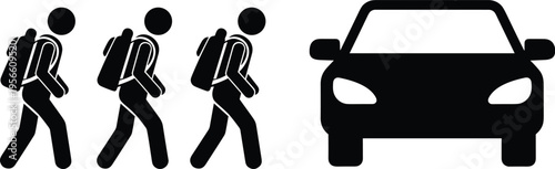 Group of people walking with backpacks toward car, commuting travel concept, students or hikers approaching vehicle transportation, modern lifestyle illustration