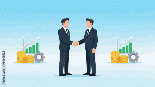 Businessmen shaking hands with coins and charts