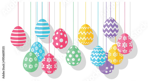 Colorful easter eggs hang from above displaying vibrant patterns and a festive spring atmosphere a delightful silhouette high quality professional