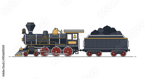 A vintage black and gold steam locomotive with a coal car is illustrated on a white background.