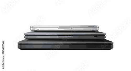 Three closed laptops are neatly stacked in decreasing size on a plain white background.