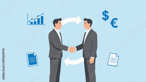 Business handshake with financial symbols