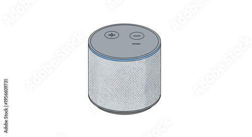 A cylindrical smart speaker with distinct plus and minus volume buttons on its grey top panel is depicted from a slightly elevated perspective, isolated against a clean white background.