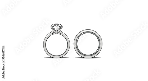 Two distinct silver rings, one featuring a prominent faceted diamond and the other a simple polished band, are presented side-by-side on a plain white background.