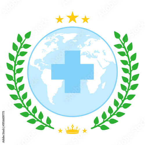 Illustration of a medical cross with a globe and a laurel wreath on a white background