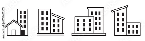 A row of five different buildings with various architectural styles