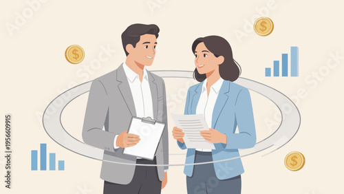 Business meeting with financial symbols