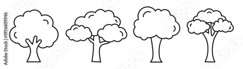 A simple line drawing of four trees with varying shapes and sizes