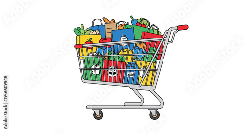 A silver shopping cart overflowing with colorful grocery bags and food items is presented on a clean white background.