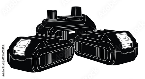 A dramatic black and white depiction of three power tool batteries shown in a striking silhouette high quality professional detailed modern