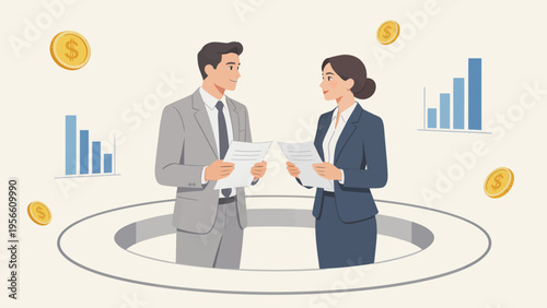 Business meeting with financial symbols