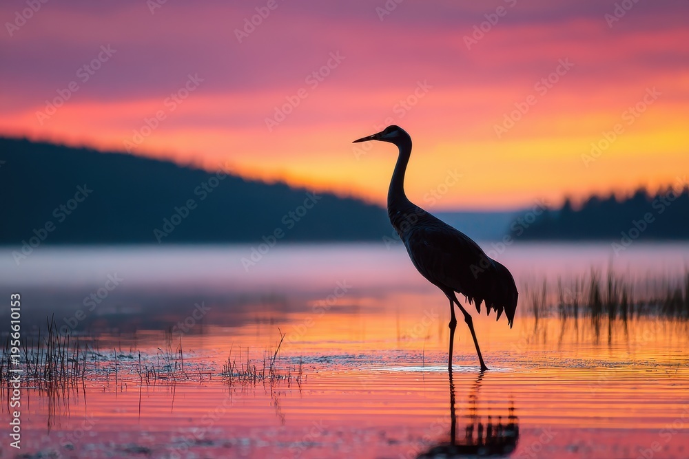 Naklejka premium Graceful bird silhouette against a glowing sky over calm waters