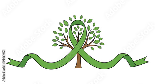 Green awareness ribbon with tree symbolizing growth and hope, representing cancer support and awareness
