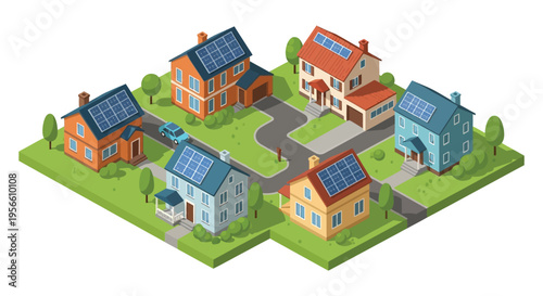 An isometric illustration depicts several colorful houses with solar panels in a suburban neighborhood presented as a silhouette high quality professional
