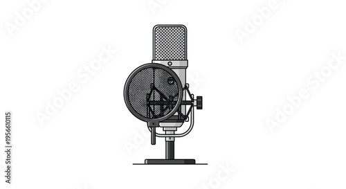 A silver-gray studio condenser microphone with a black pop filter is positioned upright on a clean white background.