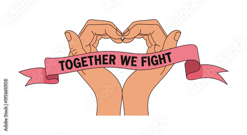 Hands forming a heart shape with 'TOGETHER WE FIGHT' banner, symbolizing support and unity against cancer.
