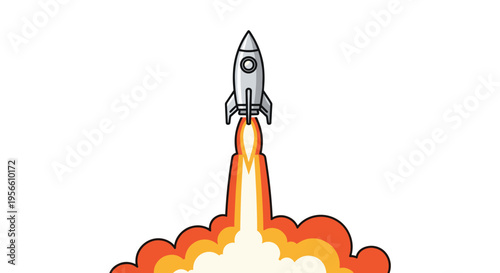 A silver-gray rocket is launching vertically with a fiery exhaust plume on a plain white background.