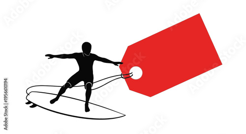 A surfer silhouette rides a board tethered to a massive red price tag symbolizing extreme sales or discount surfing opportunities.