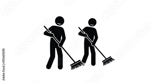 Two stick figures sweep the ground using brooms, indicating cleaning service work or teamwork effort for maintenance tasks.