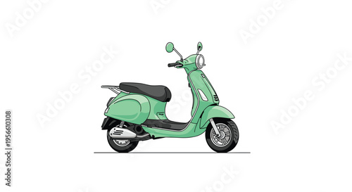 A mint green vintage-style scooter with a black seat and silver accents is centrally illustrated on a plain white background.