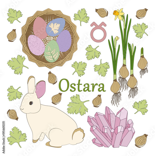 Vector illustration with various elements related to the holiday of Ostara, including daffodils, a rabbit, pink quartz crystals, and painted eggs in a basket. Isolated on a white background.