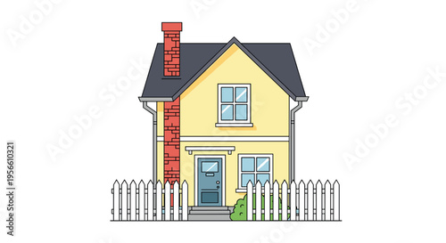 A yellow two-story house with a dark gray roof, red brick chimney, and white picket fence is centrally illustrated on a plain white background.