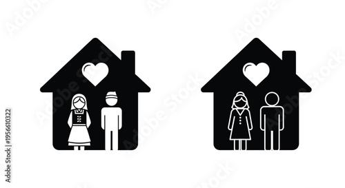 Two domestic couple icons inside house shapes feature a heart symbol above their heads, indicating concepts of home safety and love.
