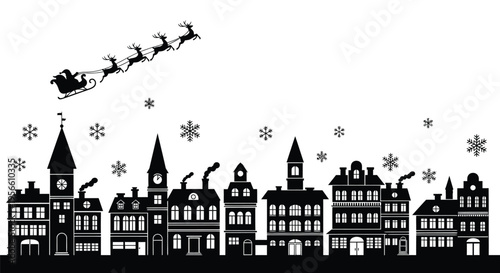 Santa Claus flies his reindeer-drawn sleigh over a stylized, snowy European village silhouette during the winter holiday season.