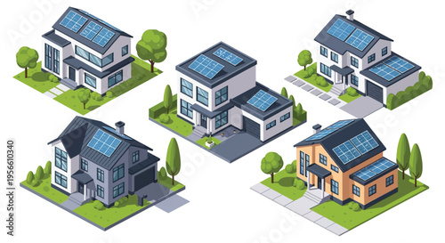 Isometric view of modern suburban houses with solar panels and manicured lawns showcasing architectural details silhouette high quality professional detailed