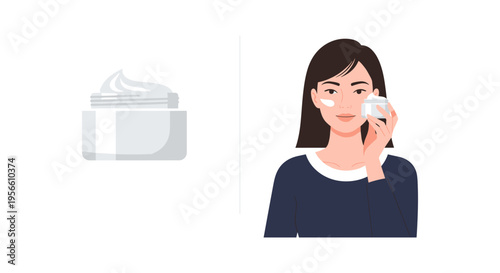 Woman applying cream with cotton pad in minimalistic flat illustration for skincare