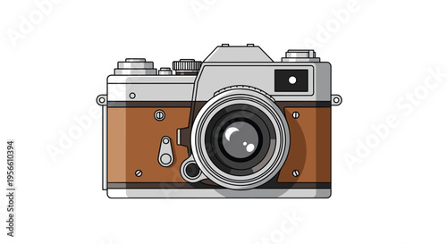 A vintage film camera with a brown leatherette body and silver metallic accents is centrally illustrated on a plain white background.