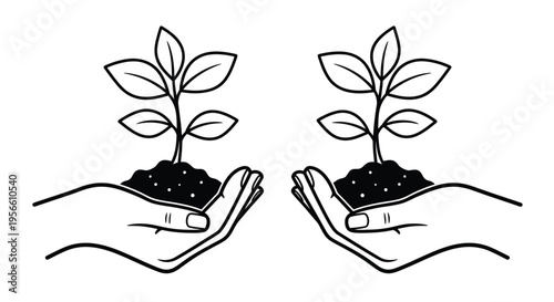 Two pairs of cupped hands carefully cradle small piles of soil with sprouting saplings symbolizing dual concepts of growth and conservation.