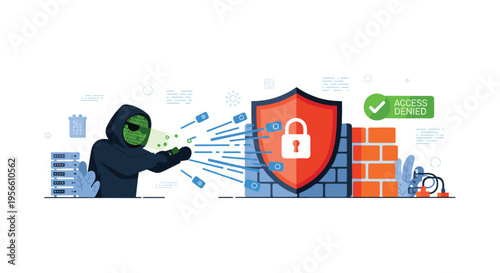 A hooded hacker with a binary code face launches data packets at a shielded brick wall displaying ACCESS DENIED on a white background.