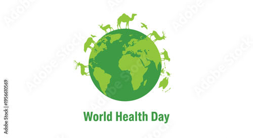 The green stylized globe features silhouettes of various animals, like camels, standing atop continents, representing global wildlife and ecological diversity.