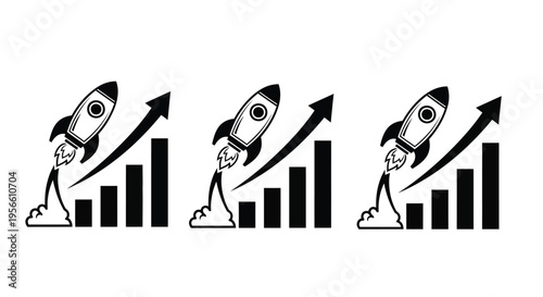 Three identical graphic representations show a stylized rocket launching upward past increasing bar charts symbolizing rapid business performance growth and startup.