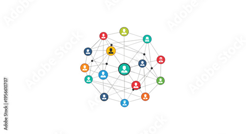 A complex network diagram of interconnected colorful user icons forms a web-like structure on a white background.