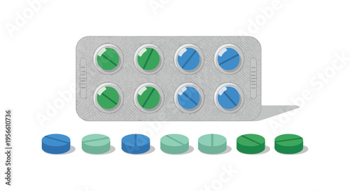 A flat lay illustration of pharmaceutical pills in blister pack and loose showcasing medical supplies and health solutions silhouette high quality