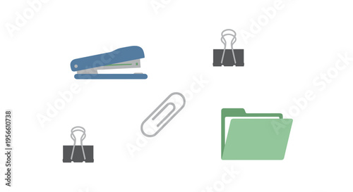 Various office supplies including a stapler, binder clips, and a folder are scattered on a white background.