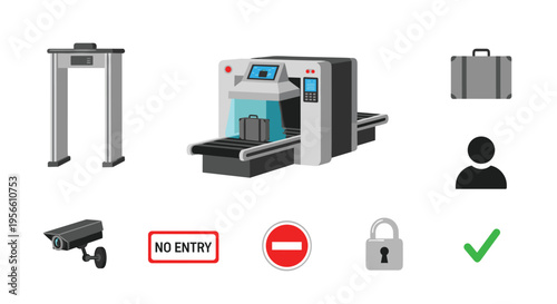 Various airport security icons including a metal detector, X-ray scanner, and signs are displayed on a light background.