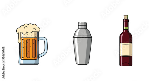 A beer mug, cocktail shaker, and wine bottle are neatly arranged on a simple white background.