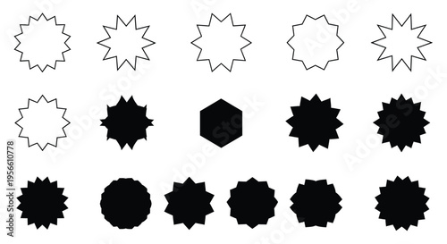Fifteen assorted starburst shapes and a single hexagon appear in both outline and solid black fill variations across three rows.