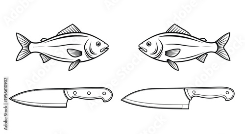 Two stylized fish face each other above matching chef knives presented in a monochrome drawing style for culinary arts.