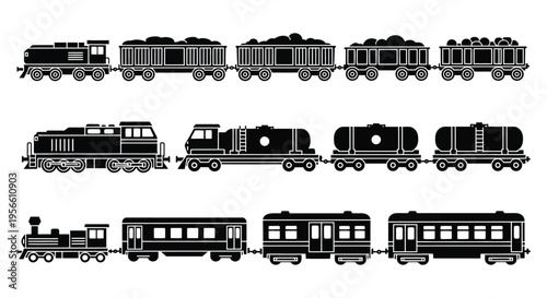 A collection of vintage train cars and locomotives depicted in a bold black silhouette high quality professional detailed modern elegant stylish