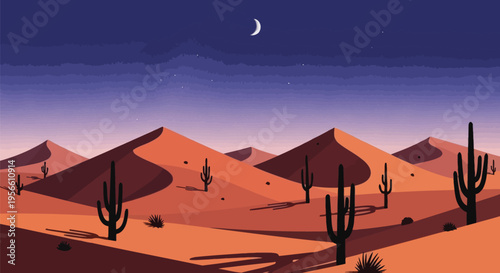 Flat Design Desert Night Landscape with Cactus Silhouettes, Sand Dunes, Crescent Moon and Starry Sky Vector Illustration