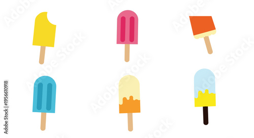 Collection of colorful ice cream popsicles and ice lollies on sticks, flat design for summer