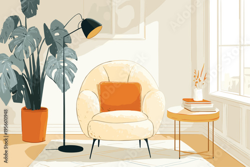 Modern Bouclé Accent Chair with Plant Scene